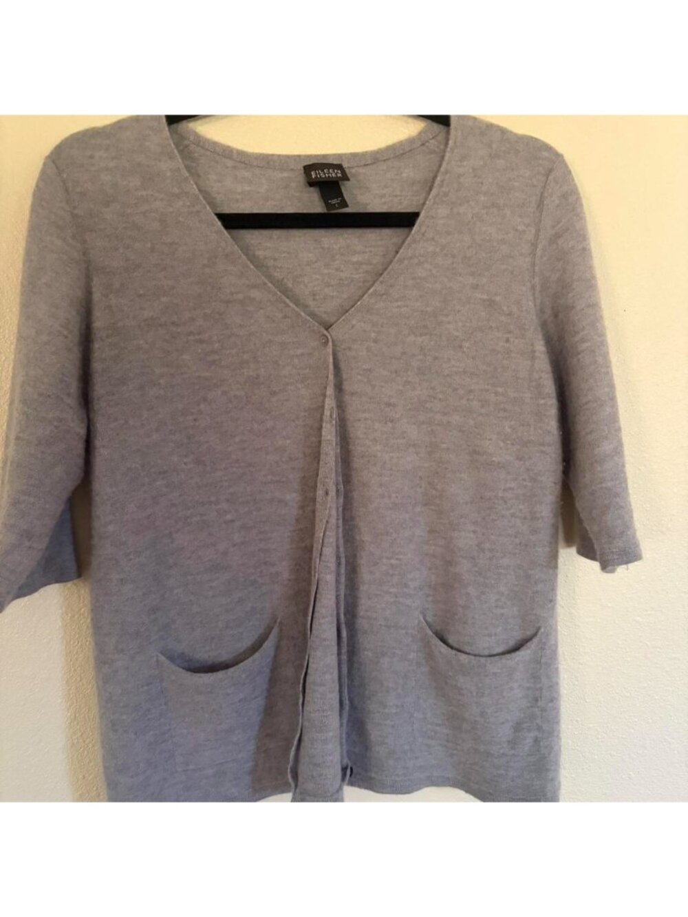 100% Cashmere Eileen Fisher gray button down half sleeve with pockets Large